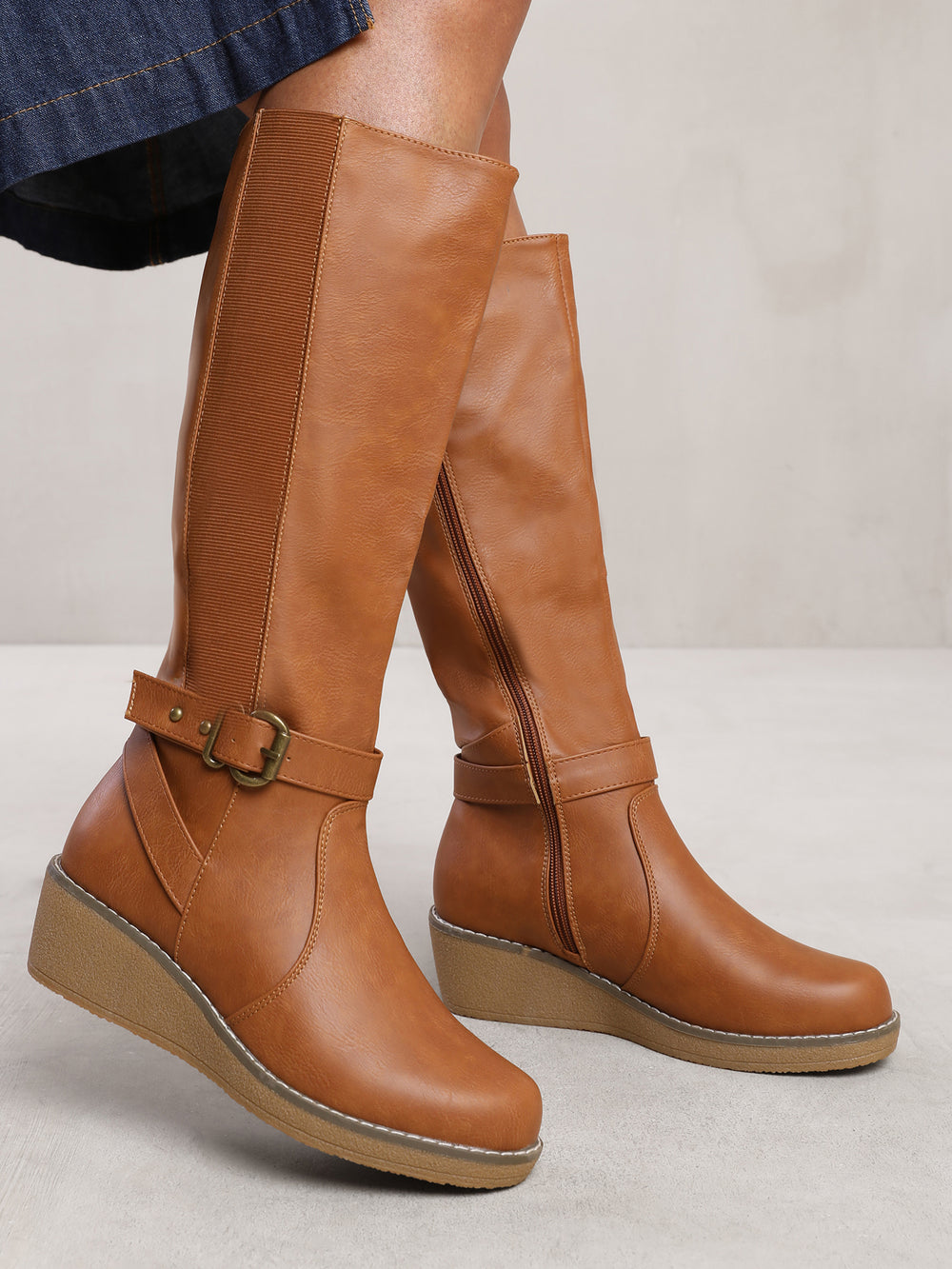 AYLEEN WEDGE HEEL KNEE HIGH BOOTS WITH ELASTIC PANEL IN TAN BROWN FAUX LEATHER