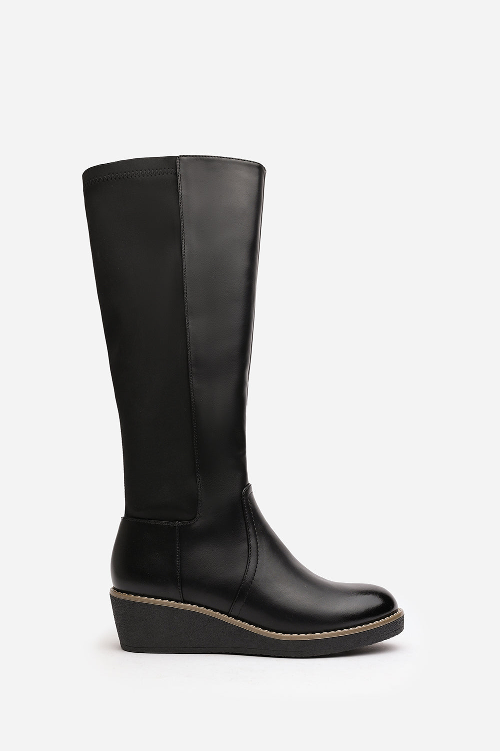 Journey Black Knee High Wedge Boot With Stitch Detail