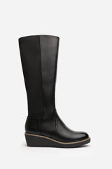 Journey Black Wide Calf Knee High Wedge Boot With Stitch Detail