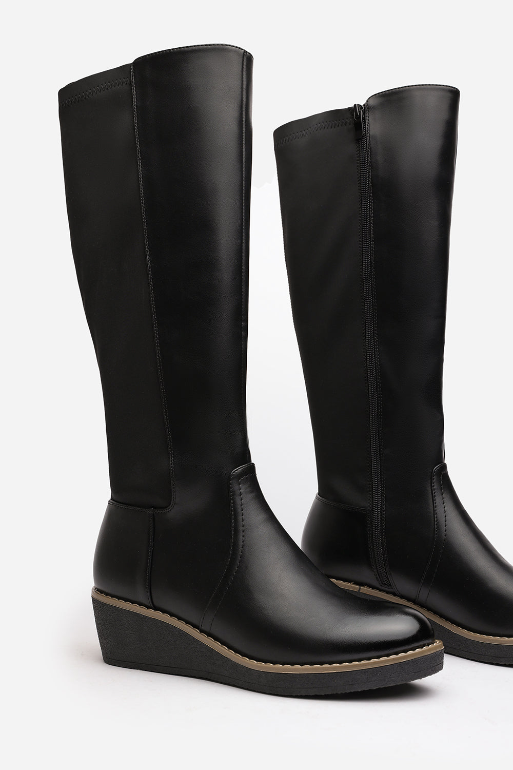 Journey Black Wide Calf Knee High Wedge Boot With Stitch Detail