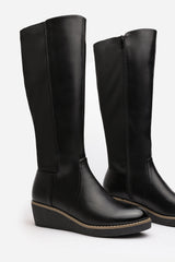Journey Black Knee High Wedge Boot With Stitch Detail