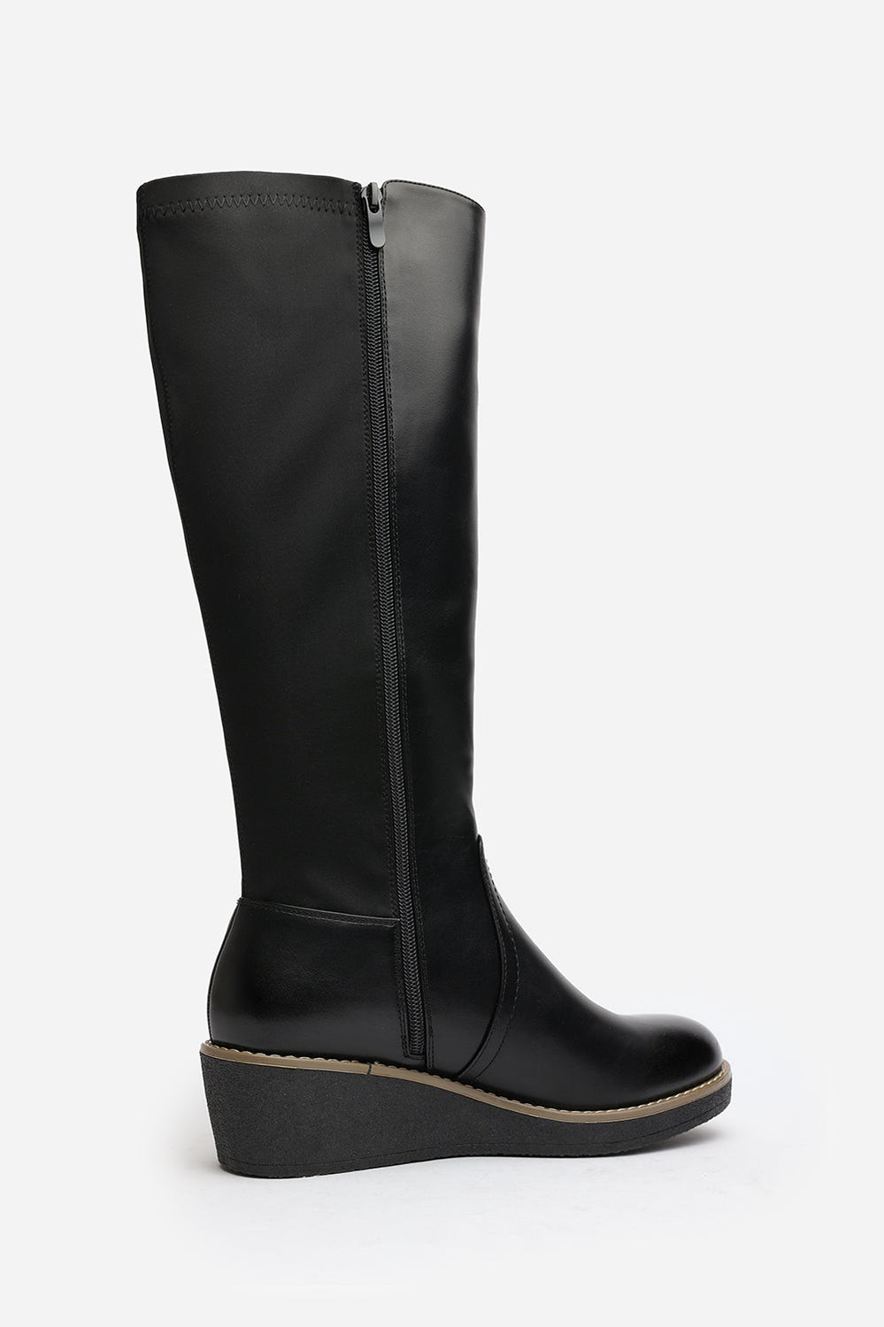 Journey Black Knee High Wedge Boot With Stitch Detail