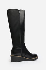 Journey Black Wide Calf Knee High Wedge Boot With Stitch Detail