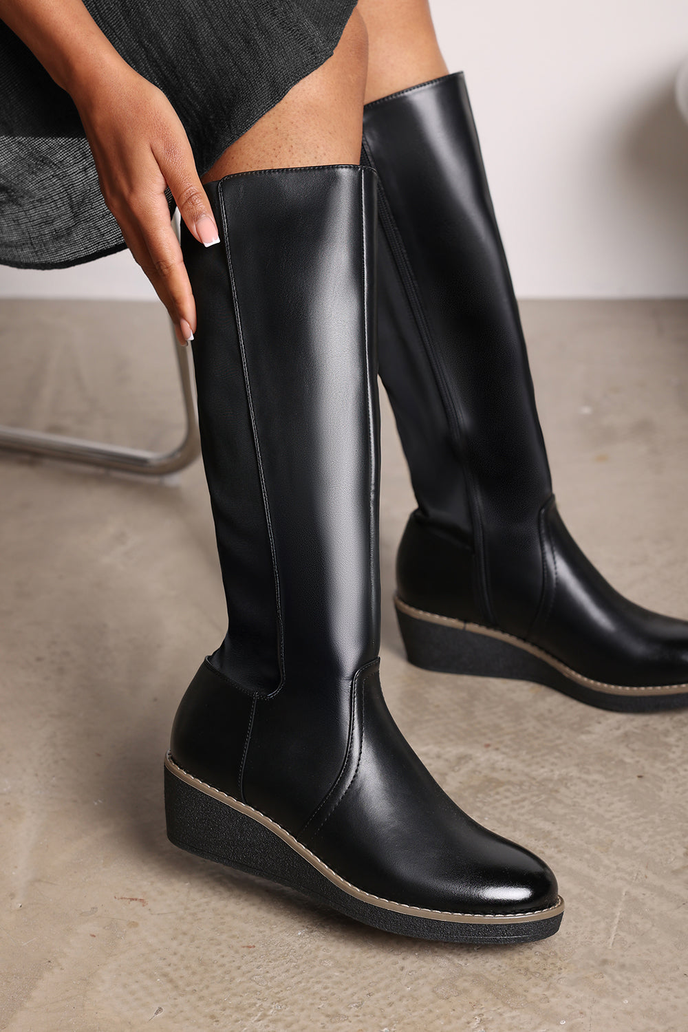 Journey Black Knee High Wedge Boot With Stitch Detail