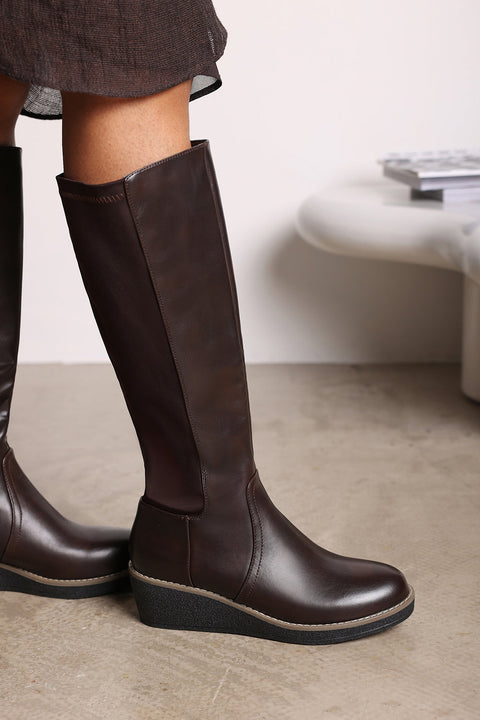 Journey Brown Wide Calf Knee High Wedge Boot With Stitch Detail