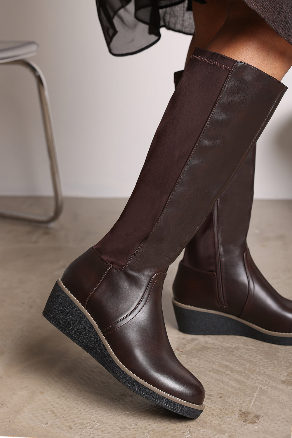 Journey Brown Wide Calf Knee High Wedge Boot With Stitch Detail