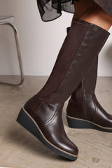 Journey Brown Knee High Wedge Boot With Stitch Detail