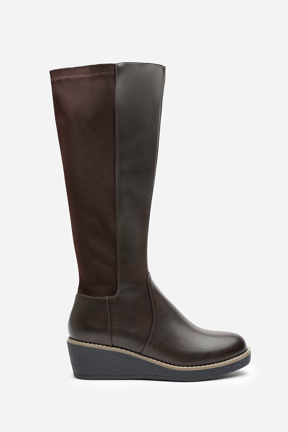 Journey Brown Wide Calf Knee High Wedge Boot With Stitch Detail