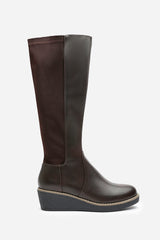 Journey Brown Wide Calf Knee High Wedge Boot With Stitch Detail