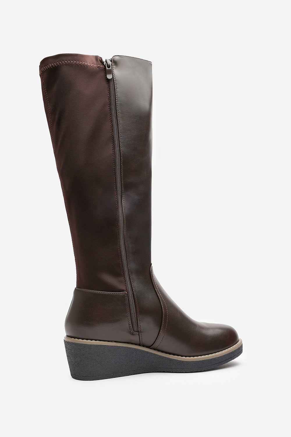 Journey Brown Wide Calf Knee High Wedge Boot With Stitch Detail