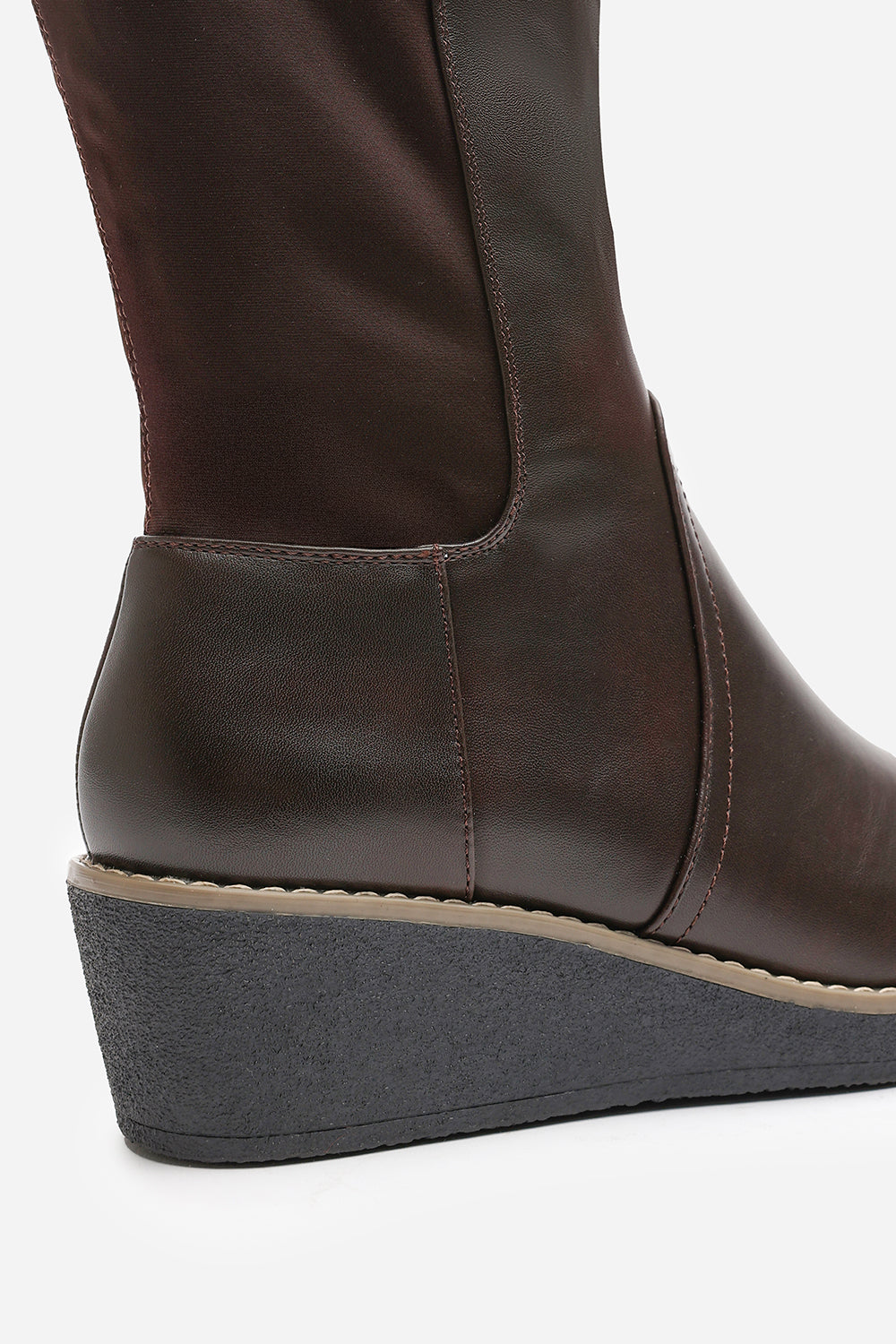 Journey Brown Wide Calf Knee High Wedge Boot With Stitch Detail