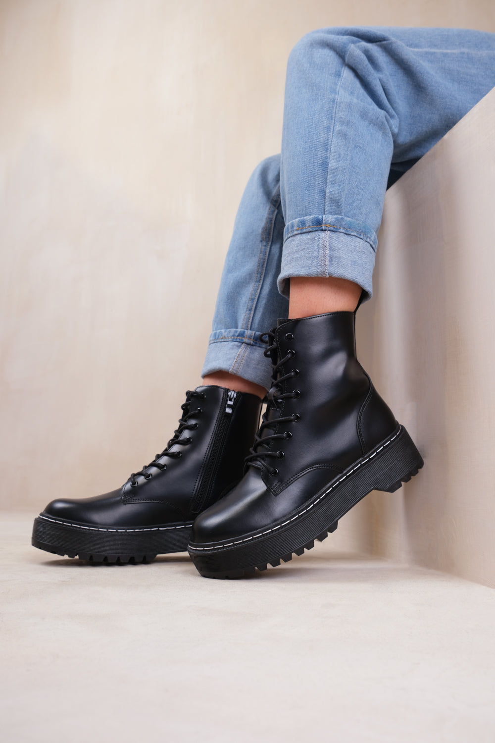 BRYNN EXTRA WIDE FIT LACE UP MID ANKLE BOOTS IN BLACK FAUX LEATHER