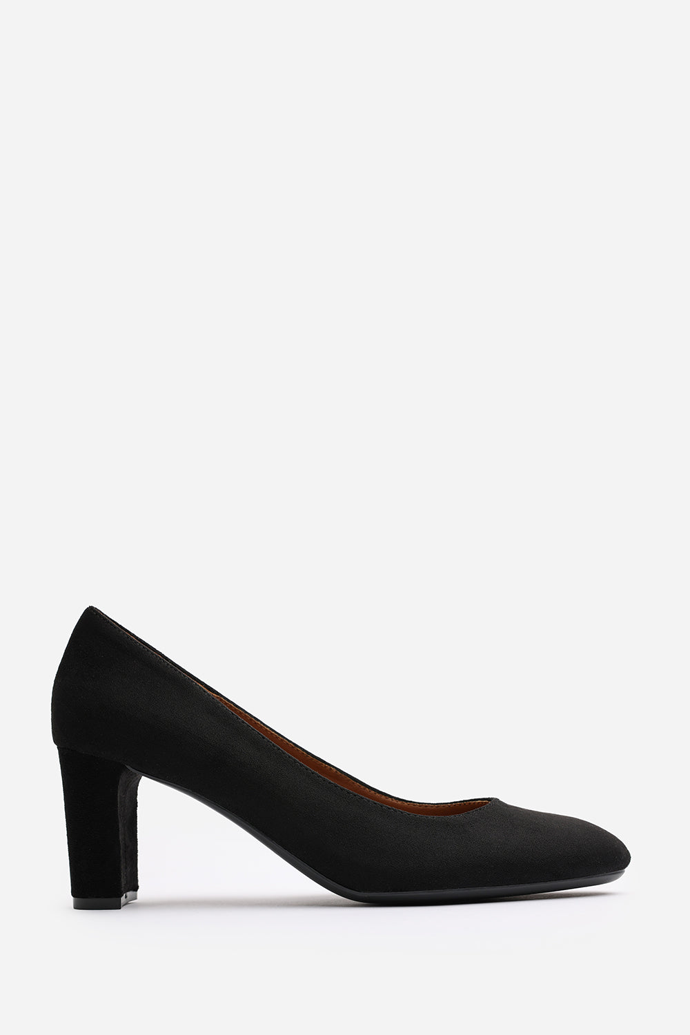 Livia Black Suede Mid Block Heel Court Shoe With Rounded Toe