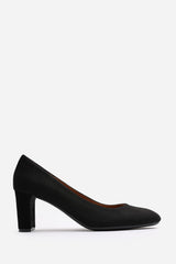 Livia Black Suede Mid Block Heel Court Shoe With Rounded Toe