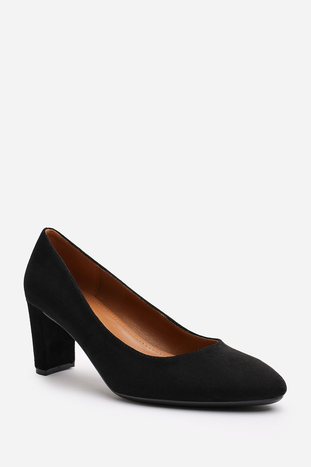 Livia Black Suede Mid Block Heel Court Shoe With Rounded Toe