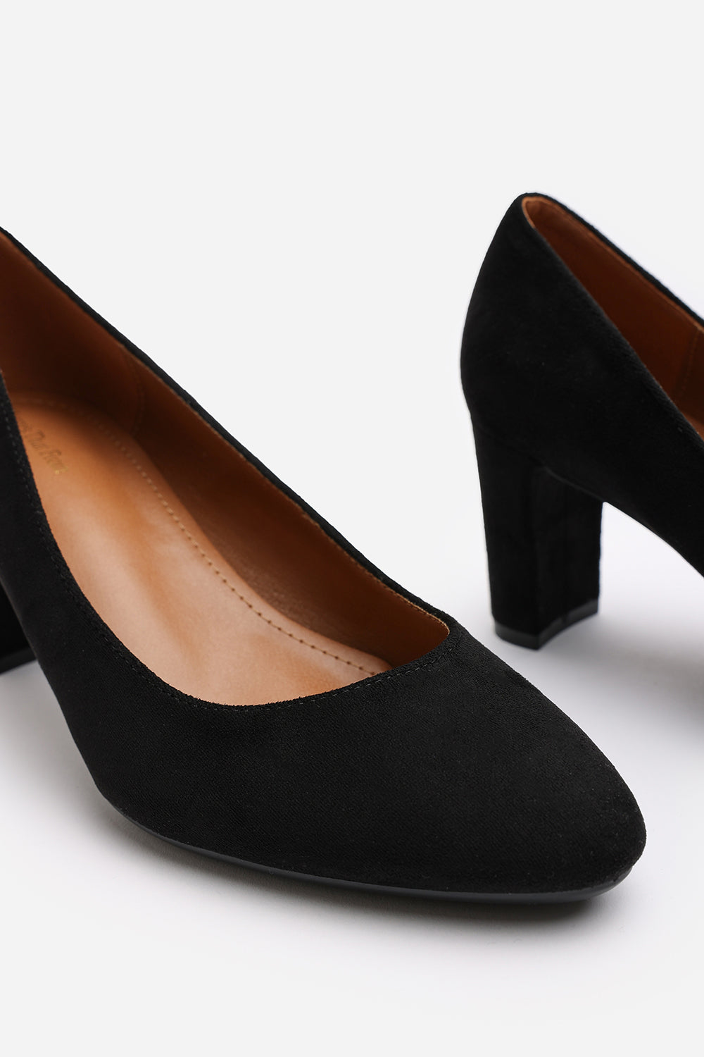 Livia Black Suede Mid Block Heel Court Shoe With Rounded Toe