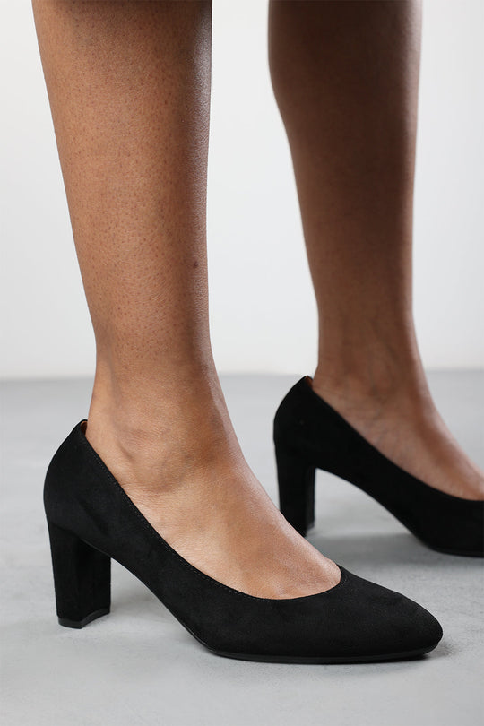 Livia Black Suede Mid Block Heel Court Shoe With Rounded Toe