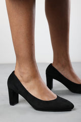 Livia Black Suede Mid Block Heel Court Shoe With Rounded Toe