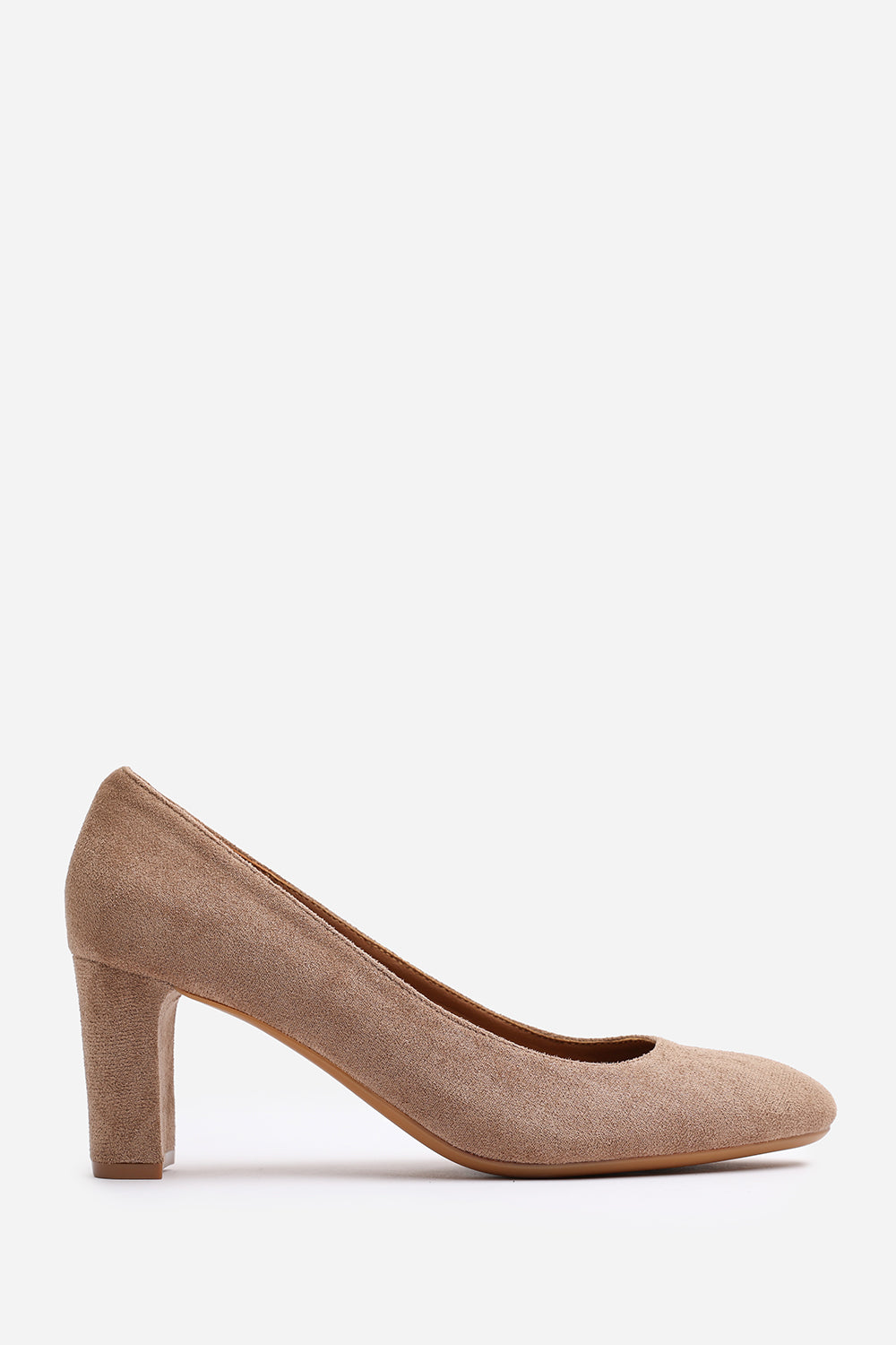 Livia Wide Fit Camel Suede Mid Block Heel Court Shoe With Rounded Toe