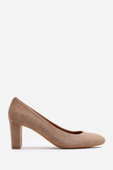 Livia Wide Fit Camel Suede Mid Block Heel Court Shoe With Rounded Toe