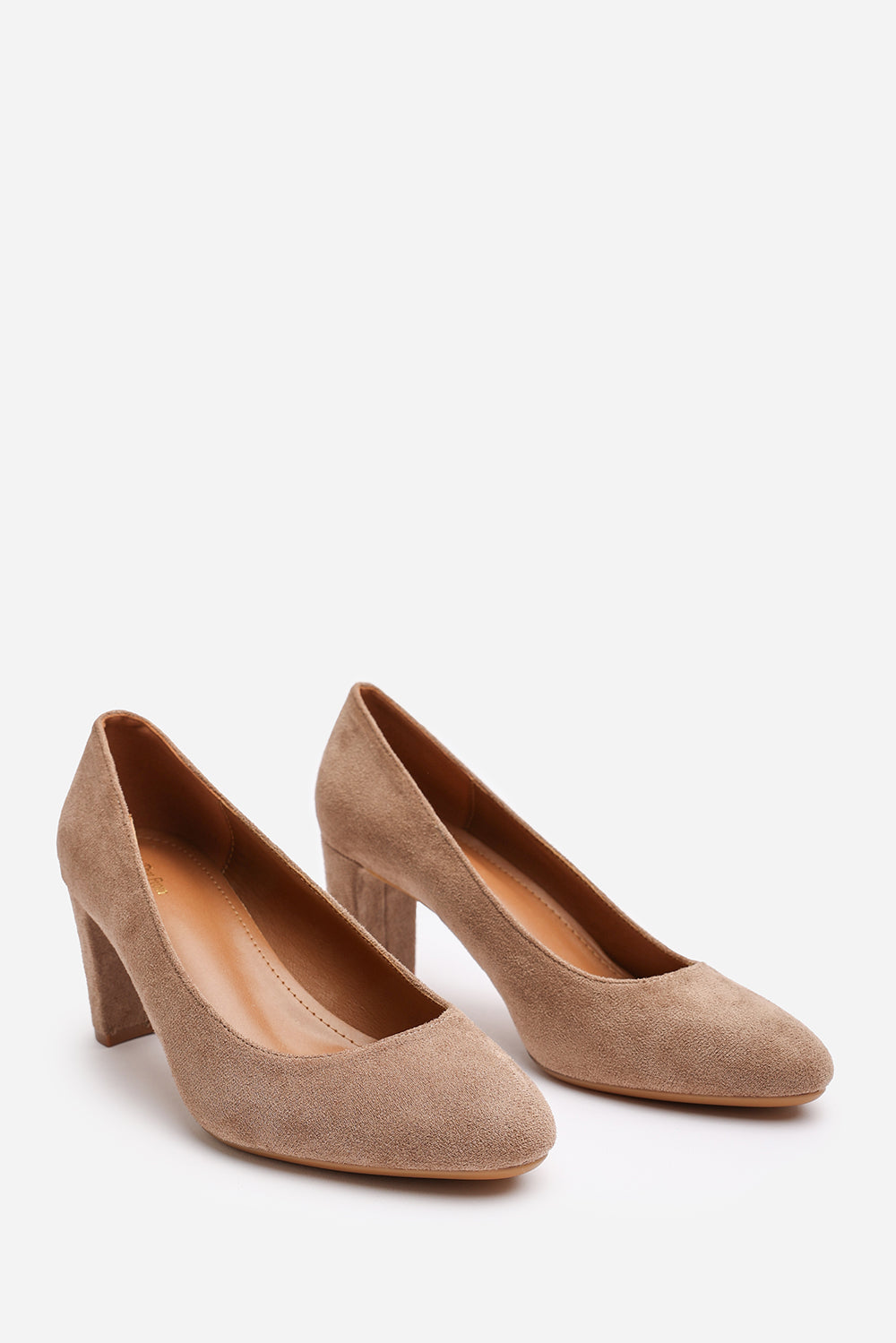 Livia Wide Fit Camel Suede Mid Block Heel Court Shoe With Rounded Toe