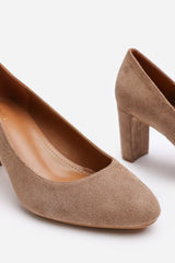 Livia Wide Fit Camel Suede Mid Block Heel Court Shoe With Rounded Toe