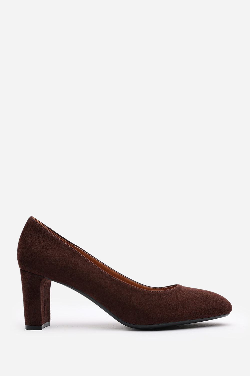 Livia Brown Suede Mid Block Heel Court Shoe With Rounded Toe