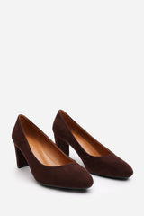 Livia Brown Suede Mid Block Heel Court Shoe With Rounded Toe