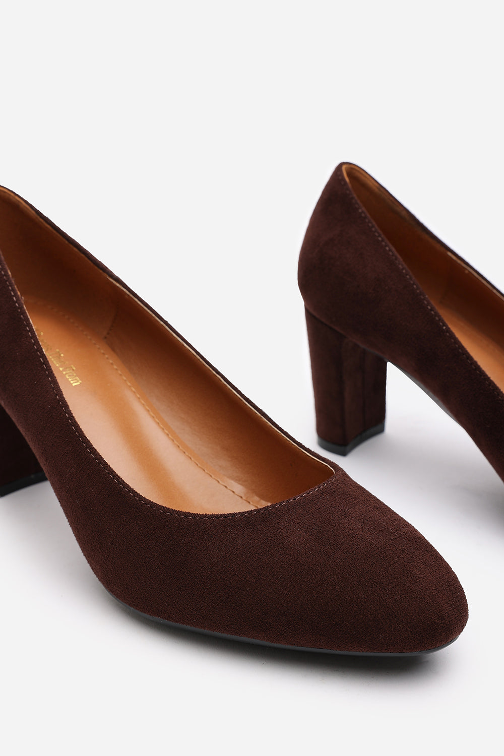 Livia Brown Suede Mid Block Heel Court Shoe With Rounded Toe