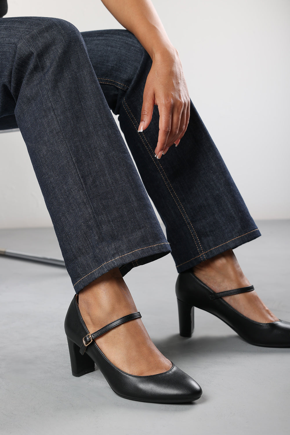 Nolan Black Faux Leather Mary Jane Court Shoe with Buckle strap