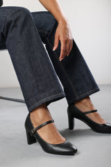 Nolan Black Faux Leather Mary Jane Court Shoe with Buckle strap