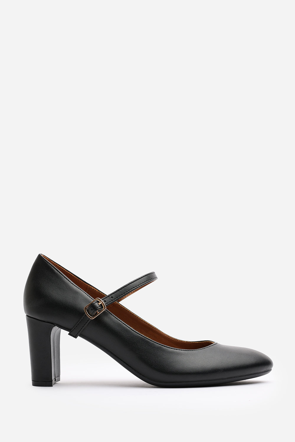 Nolan Wide Fit Black Faux Leather Mary Jane Court Shoe with Buckle strap