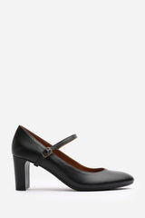 Nolan Wide Fit Black Faux Leather Mary Jane Court Shoe with Buckle strap