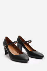Nolan Black Faux Leather Mary Jane Court Shoe with Buckle strap