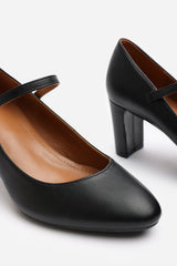 Nolan Wide Fit Black Faux Leather Mary Jane Court Shoe with Buckle strap