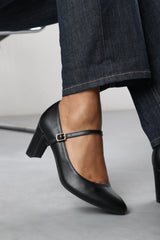 Nolan Wide Fit Black Faux Leather Mary Jane Court Shoe with Buckle strap