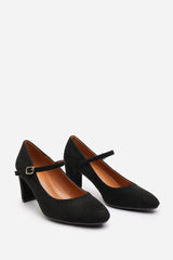 Nolan Wide Fit Black Suede Mary Jane Court Shoe with Buckle strap