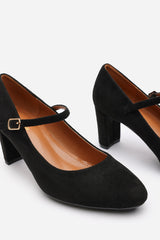 Nolan Black Suede Mary Jane Court Shoe with Buckle strap