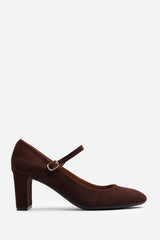 Nolan Brown Suede Mary Jane Court Shoe with Buckle strap