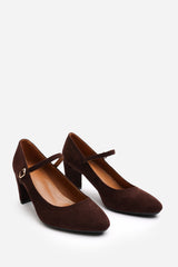 Nolan Brown Suede Mary Jane Court Shoe with Buckle strap