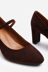 Nolan Wide Fit Brown Suede Mary Jane Court Shoe with Buckle strap