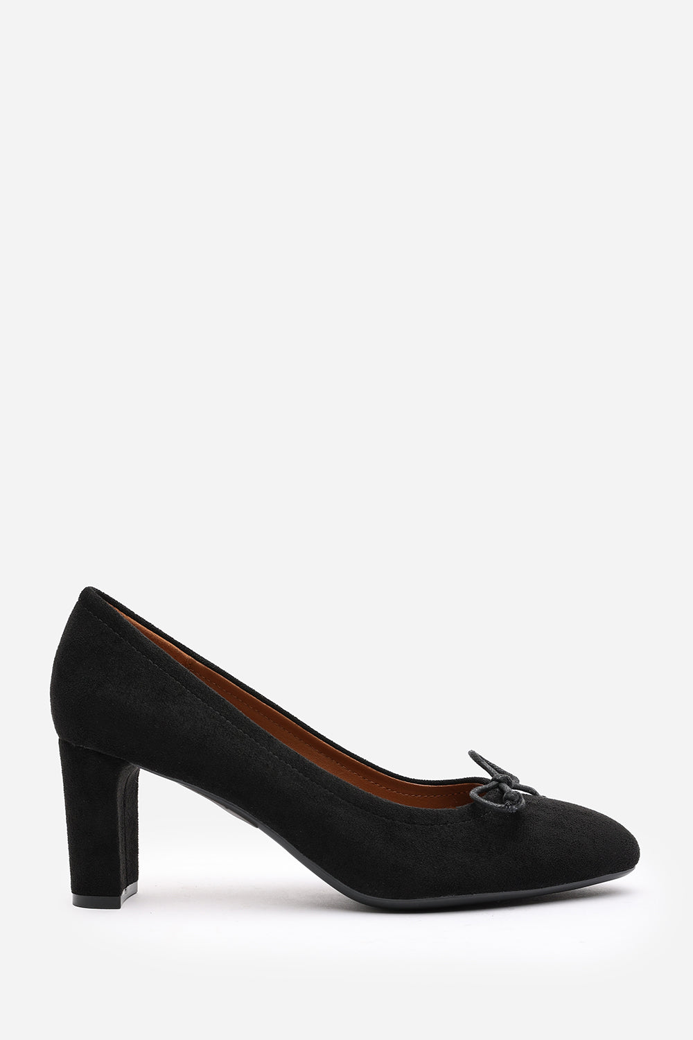 Oceana Black Suede Block Heel Court Shoe with Bow Detail
