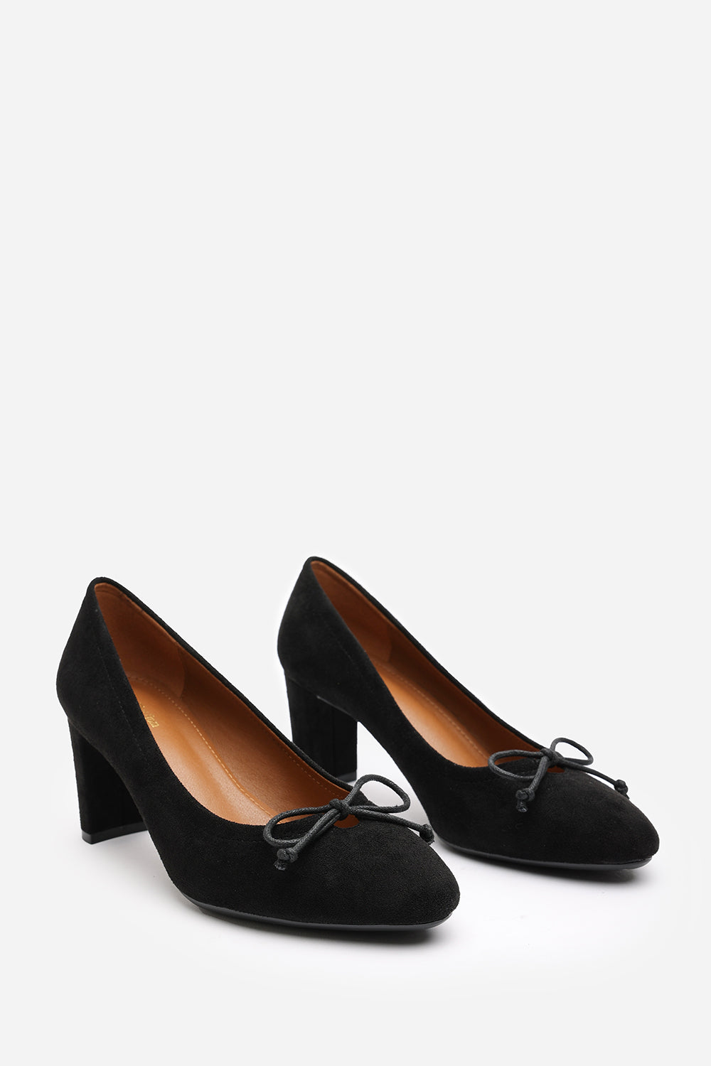 Oceana Black Suede Block Heel Court Shoe with Bow Detail
