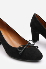 Oceana Wide Fit Black Suede Block Heel Court Shoe with Bow Detail