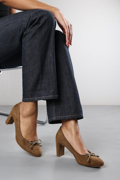 Oceana Wide Fit Khaki Suede Block Heel Court Shoe with Bow Detail