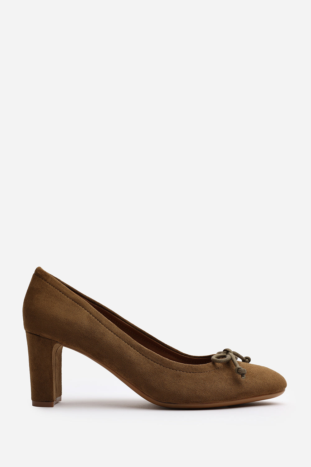 Oceana Khaki Suede Block Heel Court Shoe with Bow Detail