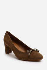 Oceana Khaki Suede Block Heel Court Shoe with Bow Detail