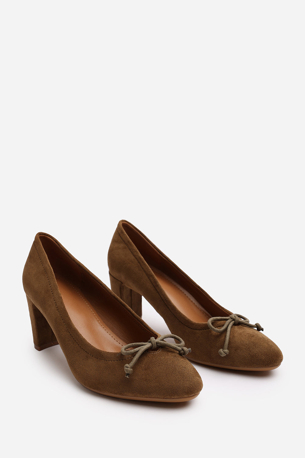 Oceana Wide Fit Khaki Suede Block Heel Court Shoe with Bow Detail