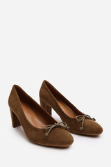 Oceana Wide Fit Khaki Suede Block Heel Court Shoe with Bow Detail