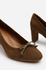 Oceana Khaki Suede Block Heel Court Shoe with Bow Detail
